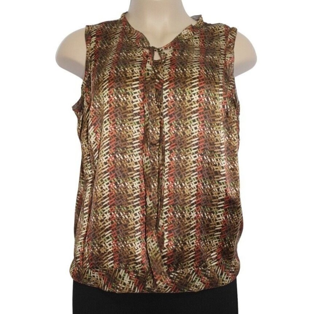 KATE HILL Sleeveless Silk Top‎ 18W Earthy Multicolor Print Sheer Zip Split Neck